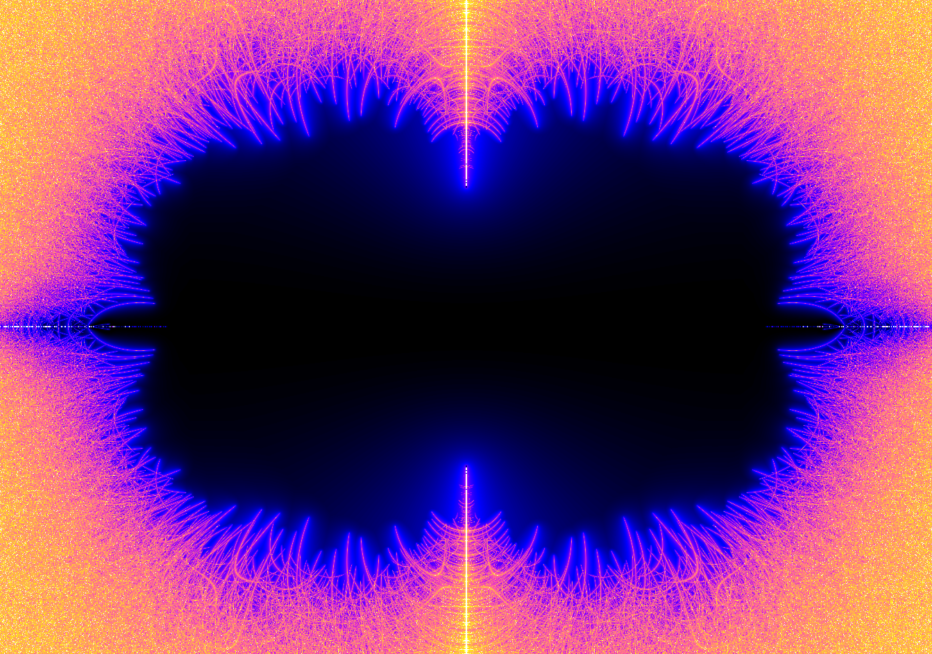 This picture shows the set of Anosov representations from a triangle reflection group into the Lie group SL(3,R). The character variety (or more precisely one of its components) is homeomorphic to the twice punctured Riemann sphere. The two punctures 0 and infinity are at the top and bottom of the bright vertical lines in the middle. The central black region is an approximation of the set of Anosov representations, obtained by checking all words up to length 23 for equal eigenvalue moduli. The black vertical line between the two punctures is the (real) Hitchin component. This is joint work with David Dumas.